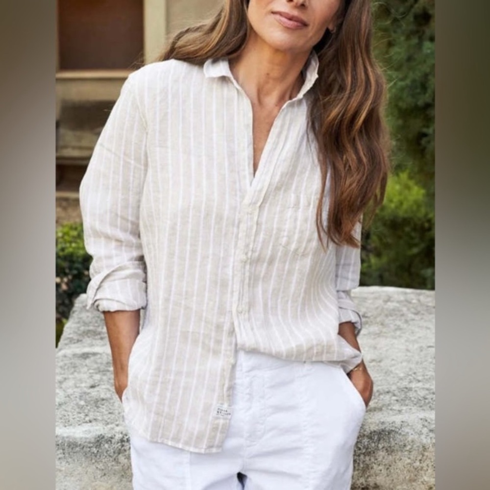 Frank & Eileen 100% Linen Relaxed Button Up Shirt Eileen Style Sand Stripe XS